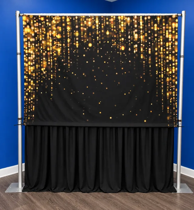 Black backdrop with falling gold sparkles