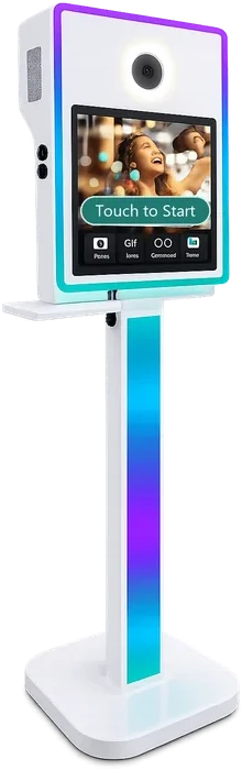 The Classic Booth: a slim standing kiosk with a touchscreen and a light-up stand